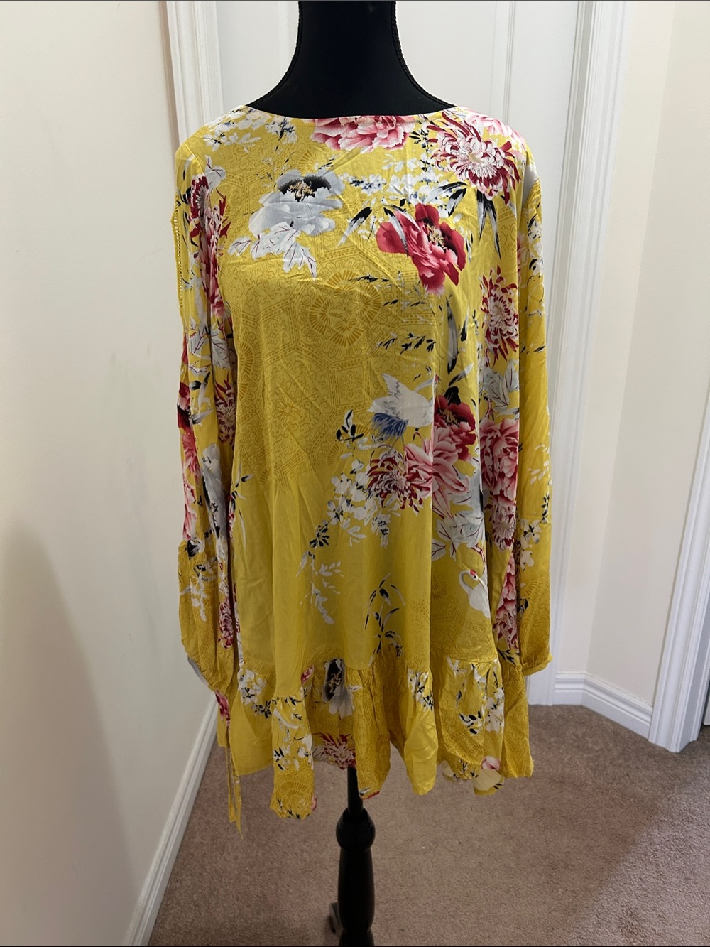 Yellow Floral Boho Tunic style dress- one size fits L/XL